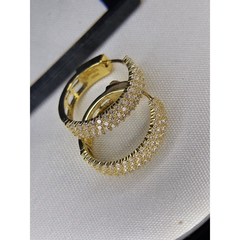 Gold Tone 925 Hoop Earrings CZ Signed 925 In Hoop Hinged